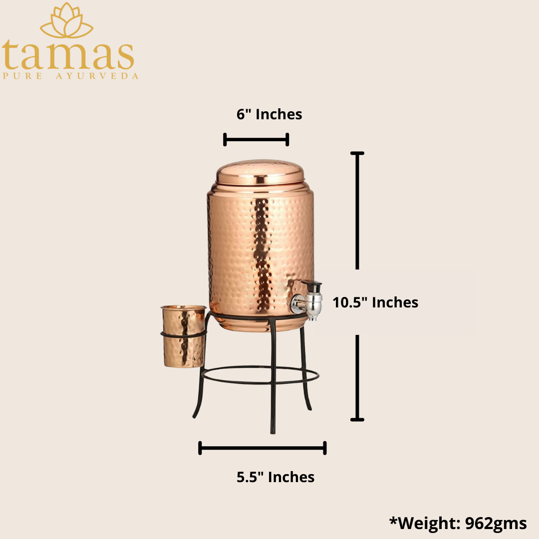 Tamas Hammered Copper Water Dispenser With Glass and Brass Tap - PUSHMYCART