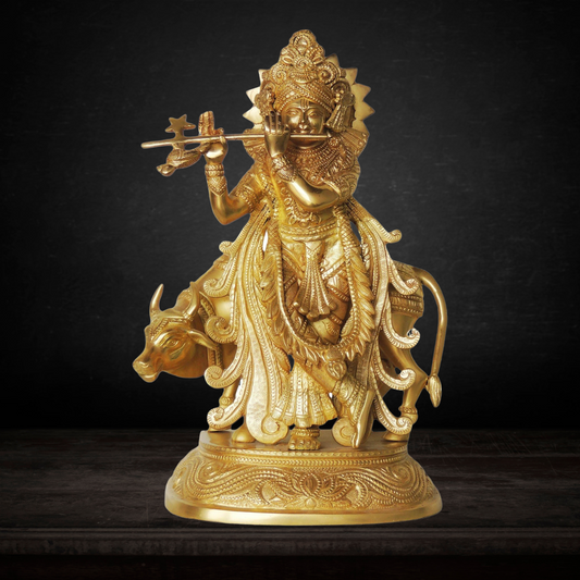 Brass Cow Krishna Statue 6.53kg - PUSHMYCART