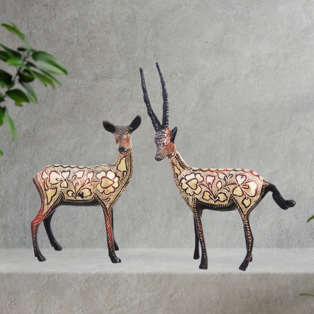 Brass Showpiece Deer Pair Statue 0.62kg - PUSHMYCART