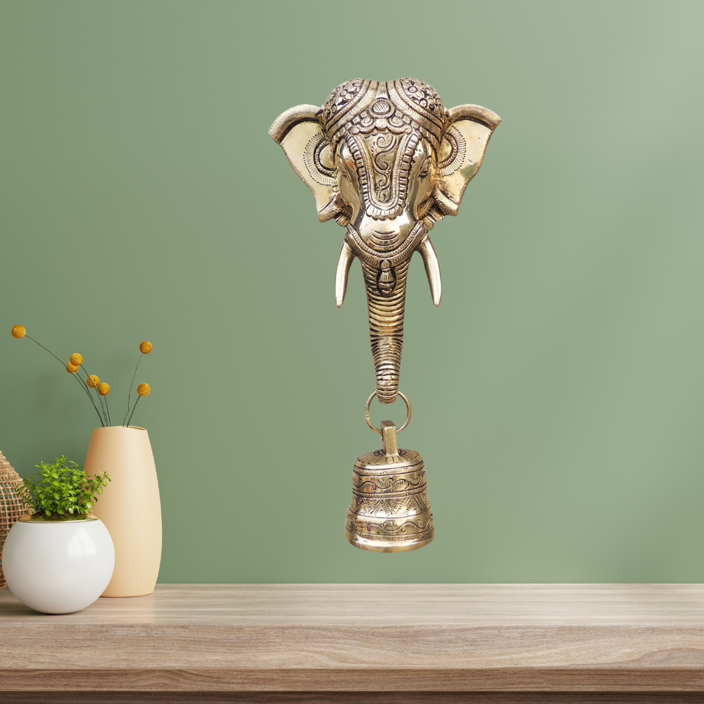 Brass Elephant Face With Bell Statue 1.96Kg - PUSHMYCART