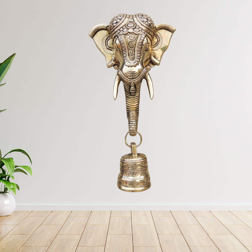 Brass Elephant Face With Bell Statue 1.96Kg - PUSHMYCART