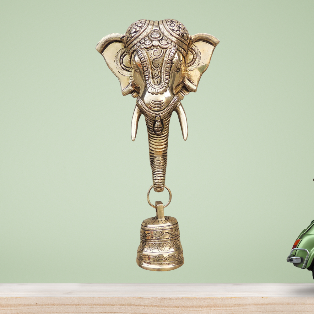 Brass Elephant Face With Bell Statue 1.96Kg - PUSHMYCART