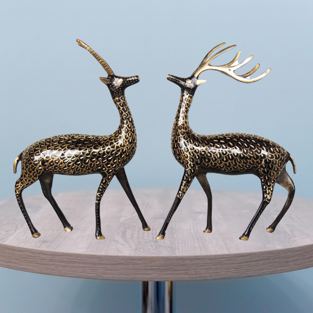 Brass Showpiece Deer Pair Statue With Black Finish 1.295kg - PUSHMYCART