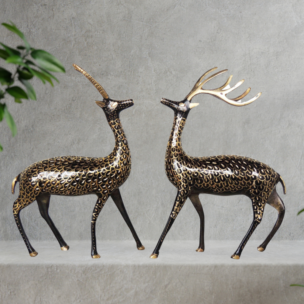 Brass Showpiece Deer Pair Statue With Black Finish 1.295kg - PUSHMYCART