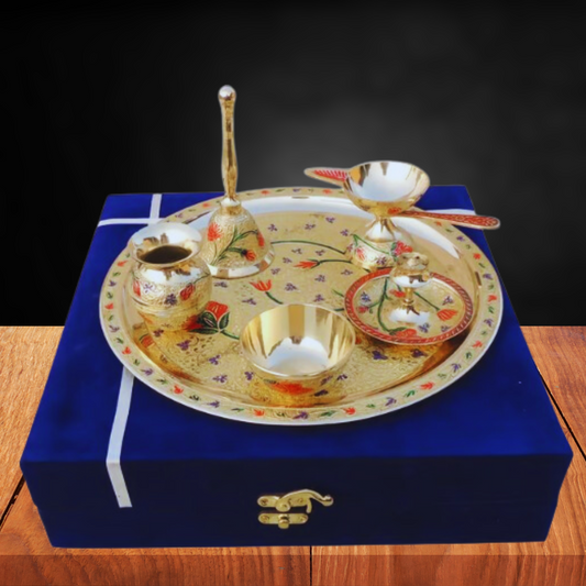 Puja Thali Set In Brass With Velvet Box - PUSHMYCART