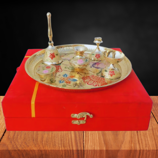 Brass Puja Thali Set With Velvet Box 1.27kg - PUSHMYCART