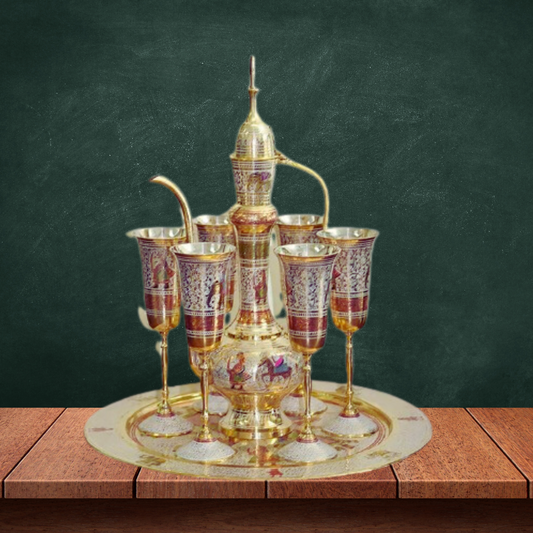 Brass Showpiece Surahi Set With 6 Wine Glasses - PUSHMYCART