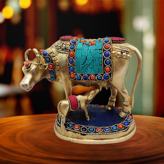 Brass Gaye Bachdha Stone Statue 1.652Kg - PUSHMYCART