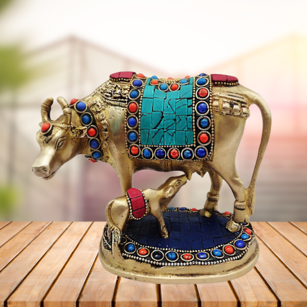 Brass Gaye Bachdha Stone Statue 1.652Kg - PUSHMYCART