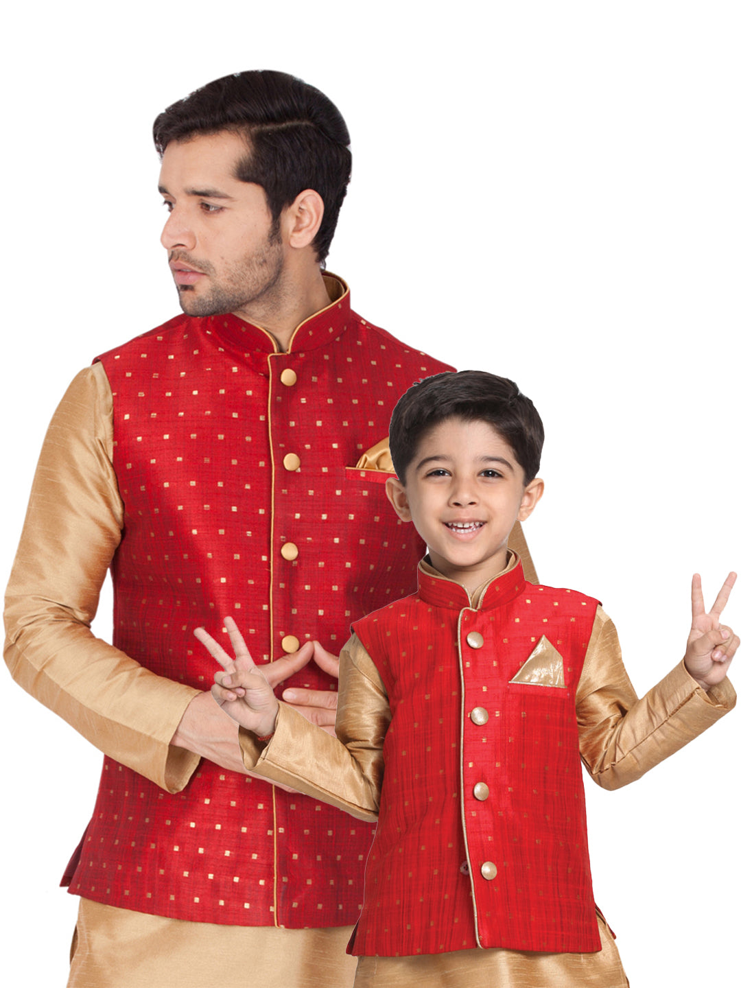 Vastramay Silk Blend Maroon and Rose Gold Baap Beta Ethnic Jacket - PUSHMYCART