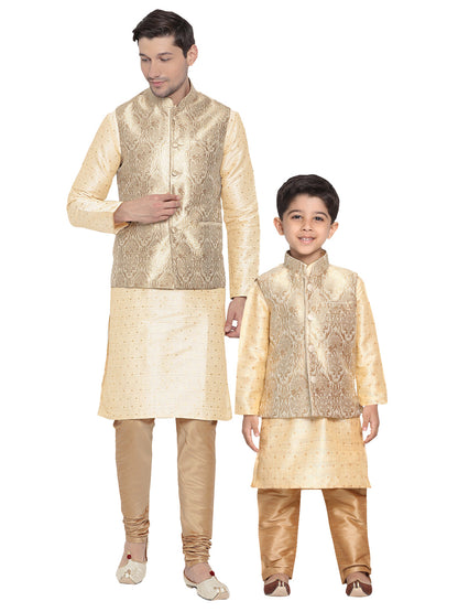 vastramay silk blend rose gold and gold baap beta jacket kurta pyjama set 3