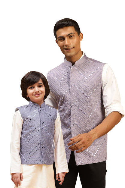 VASTRAMAY Baap Beta Silk Blend Green Jacket With Kurta Pyjama Set