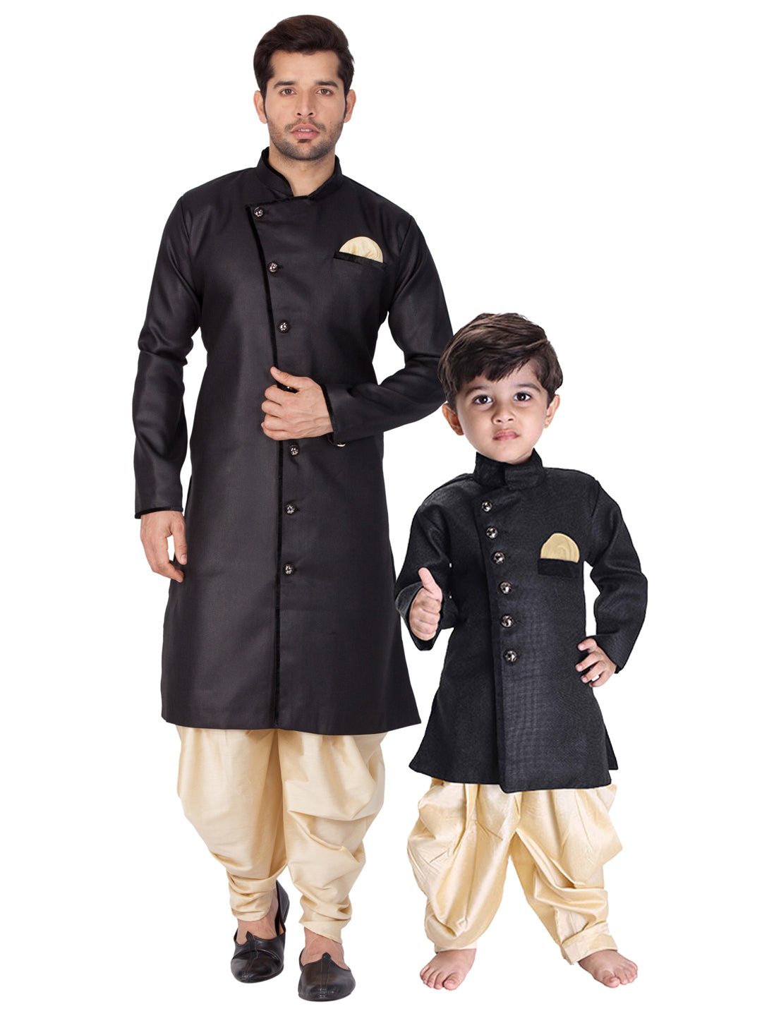 Vastramay Cotton Blend Black Baap Beta Sherwani Set - PUSHMYCART