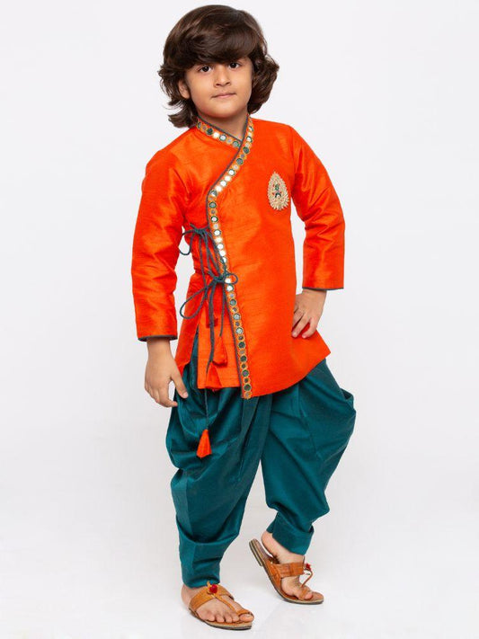 Vastramay Boys' Orange Cotton Silk Kurta and Dhoti Pant Set - PUSHMYCART
