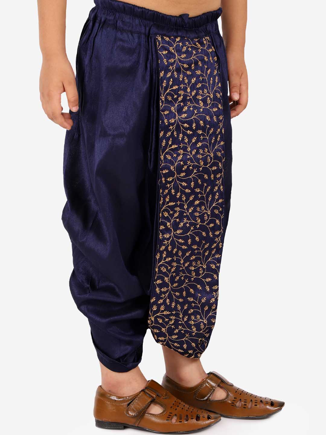 Vastramay Navy Blue Silk Blend Embroidered Dhoti