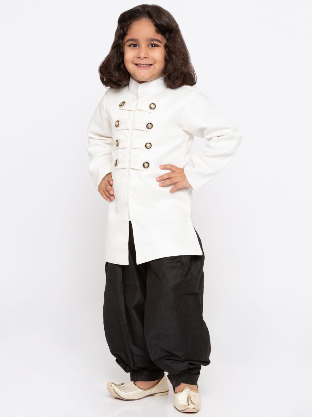 Vastramay Boys' White Cotton Silk Sherwani and Dhoti Set - PUSHMYCART
