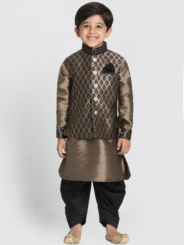 Vastramay Boys' Gold Cotton Silk Blend Ethnic Jacket, Kurta and Dhoti Pant Set - PUSHMYCART