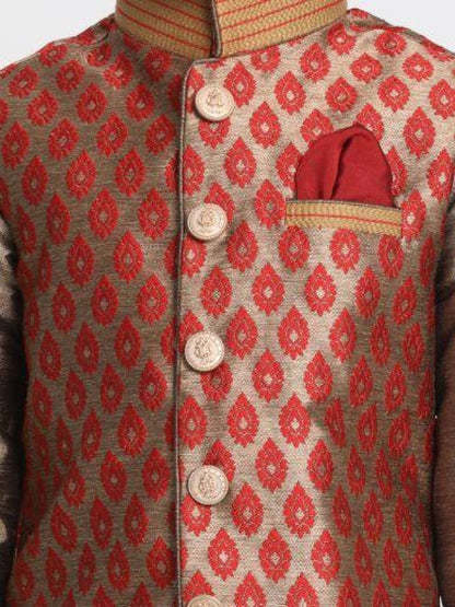 Vastramay Boys' Gold Cotton Silk Blend Ethnic Jacket, Kurta and Dhoti Pant Set - PUSHMYCART
