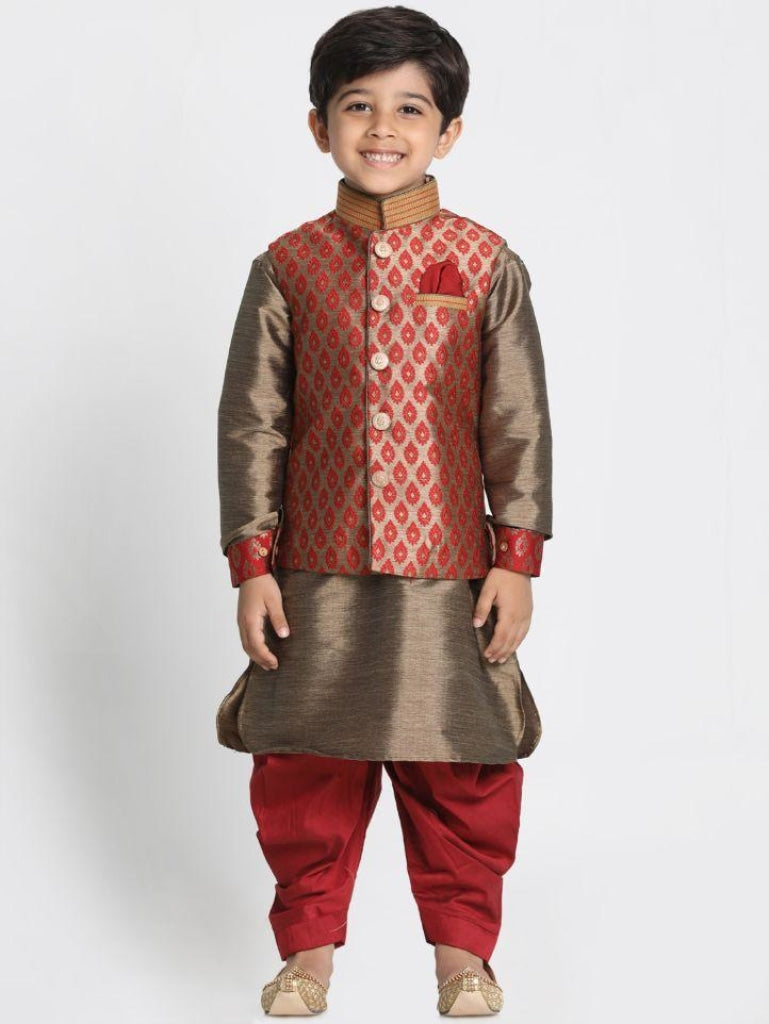 Vastramay Boys' Gold Cotton Silk Blend Ethnic Jacket, Kurta and Dhoti Pant Set - PUSHMYCART