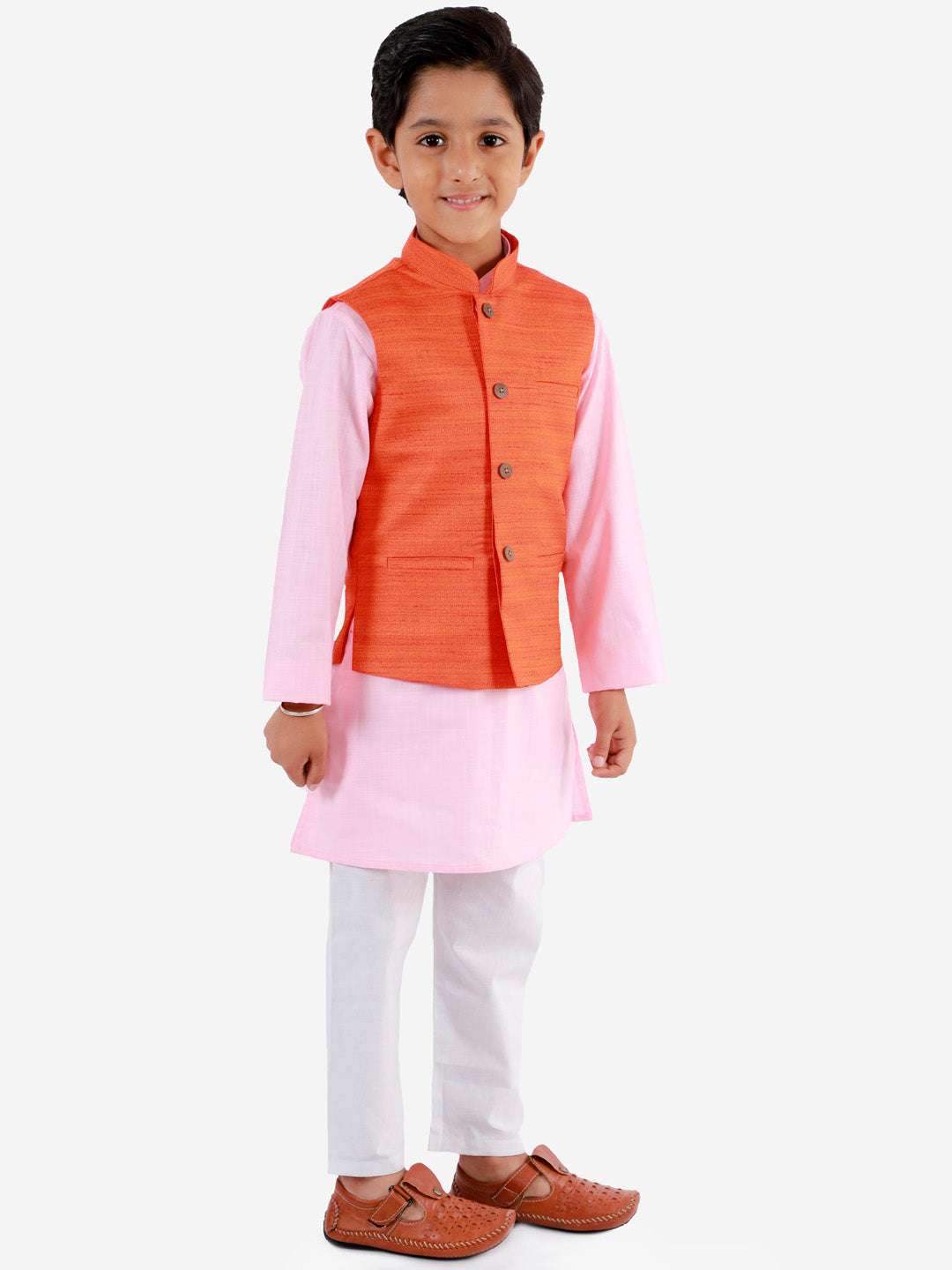 Vastramay Orange, Pink And White Baap Beta Nehru Jacket Kurta Pyjama set - PUSHMYCART