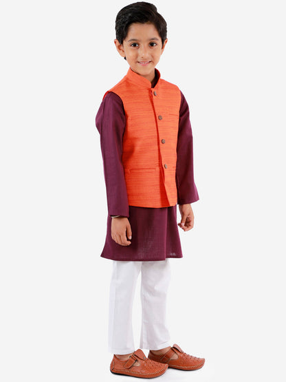Vastramay Orange, Purple And White Baap Beta Nehru Jacket Kurta Pyjama set - PUSHMYCART