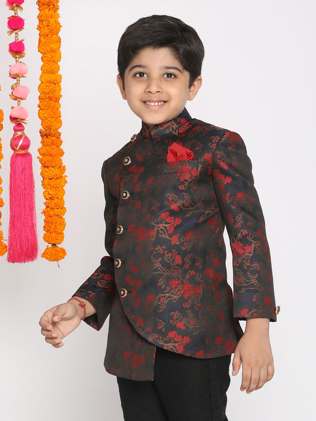 Vastramay Boys Maroon Woven Design Silk Blend Bandhgala Blazer - PUSHMYCART