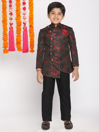 Vastramay Boys Maroon Woven Design Silk Blend Bandhgala Blazer - PUSHMYCART