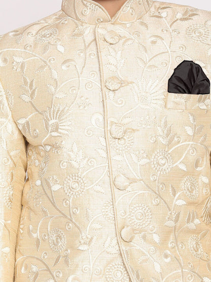 Vastramay Boys Beige Embroidered Slim Fit Bandhgala Blazer - PUSHMYCART