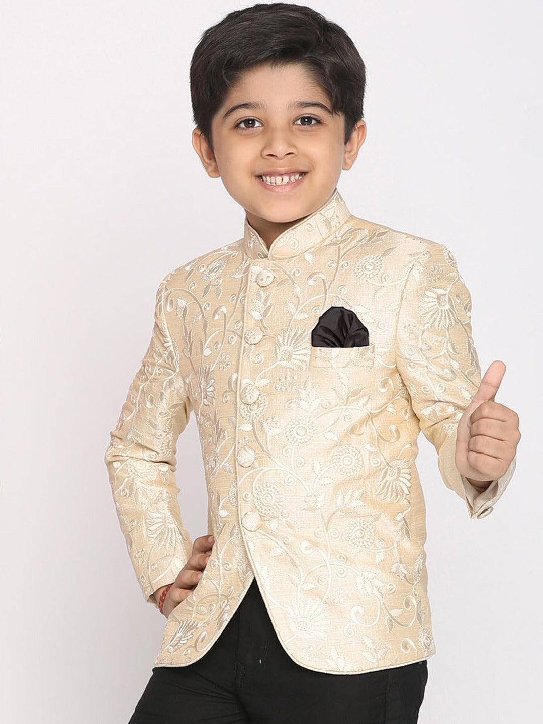 Vastramay Boys Beige Embroidered Slim Fit Bandhgala Blazer - PUSHMYCART
