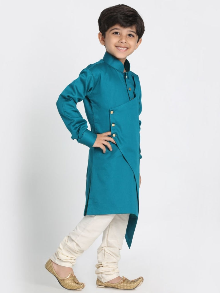 Vastramay Boys' Green Cotton Silk Blend Kurta and Pyjama Set - PUSHMYCART