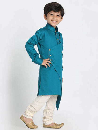 Vastramay Boys' Green Cotton Silk Blend Kurta and Pyjama Set - PUSHMYCART