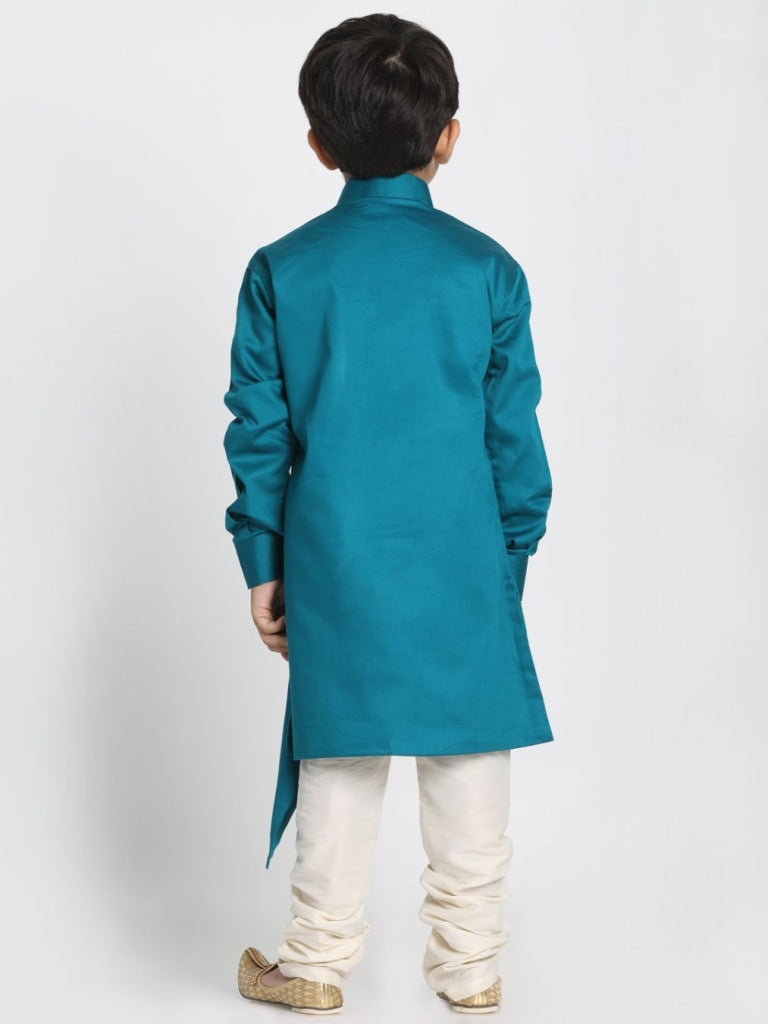 Vastramay Boys' Green Cotton Silk Blend Kurta and Pyjama Set - PUSHMYCART