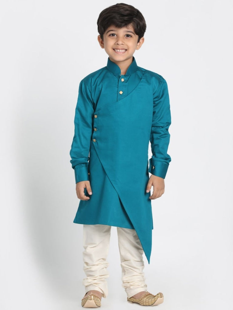 Vastramay Boys' Green Cotton Silk Blend Kurta and Pyjama Set - PUSHMYCART