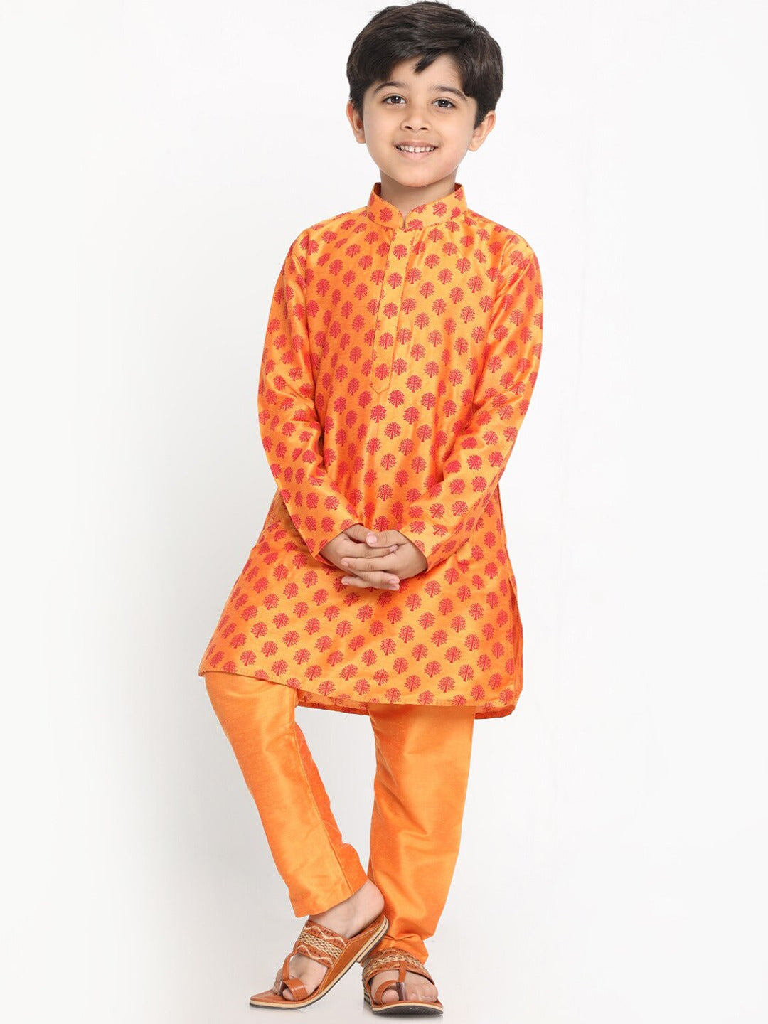 Vastramay Boy's Orange Printed Design Kurta with Churidar - PUSHMYCART