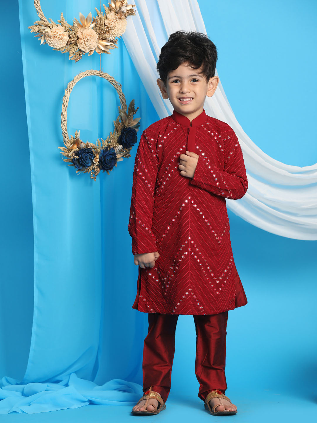 Vastramay Boys' Maroon Mirror Kurta Pyjama Set - PUSHMYCART