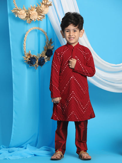 Vastramay Boys' Maroon Mirror Kurta Pyjama Set - PUSHMYCART