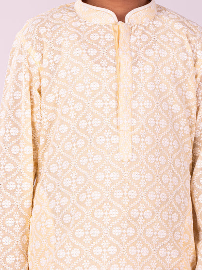 Vastramay Boys Yellow Chikankari Worked Cotton Kurta Pyjama Set