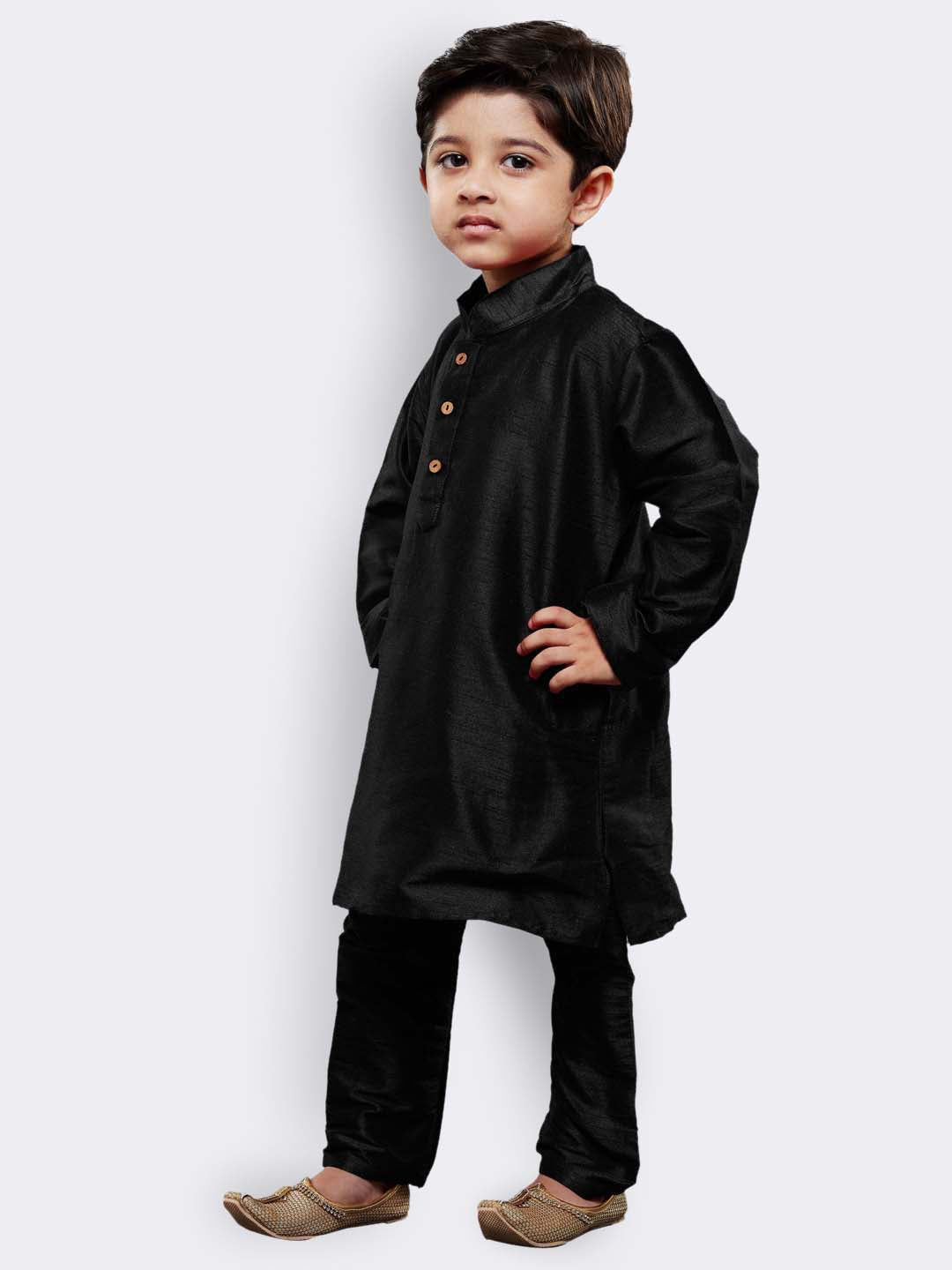 VASTRAMAY Boys' Black Cotton Silk Kurta and Pyjama Set - PUSHMYCART