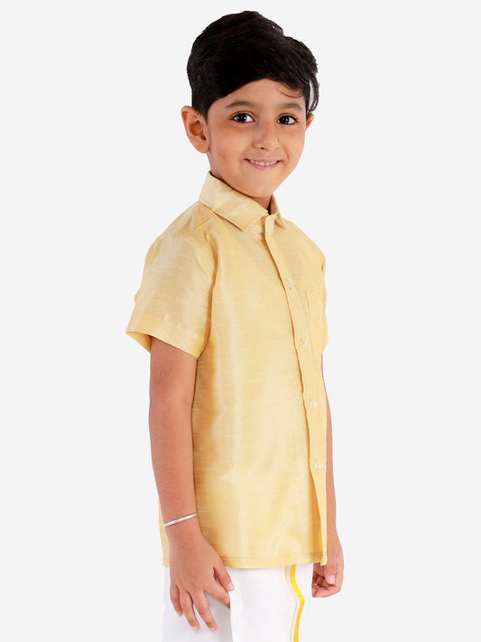 VASTRAMAY Boys' Gold Silk Short Sleeves Ethnic Shirt - PUSHMYCART