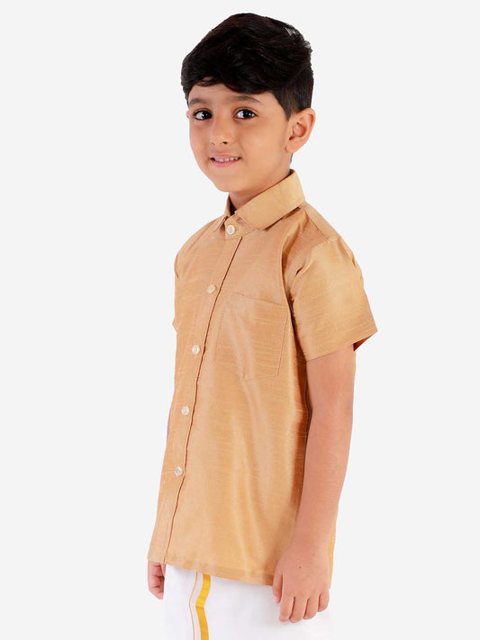 VASTRAMAY Boys' Rose gold Silk Short Sleeves Ethnic Shirt - PUSHMYCART
