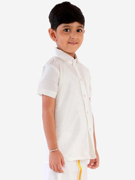 VASTRAMAY Boys' White Silk Short Sleeves Ethnic Shirt - PUSHMYCART