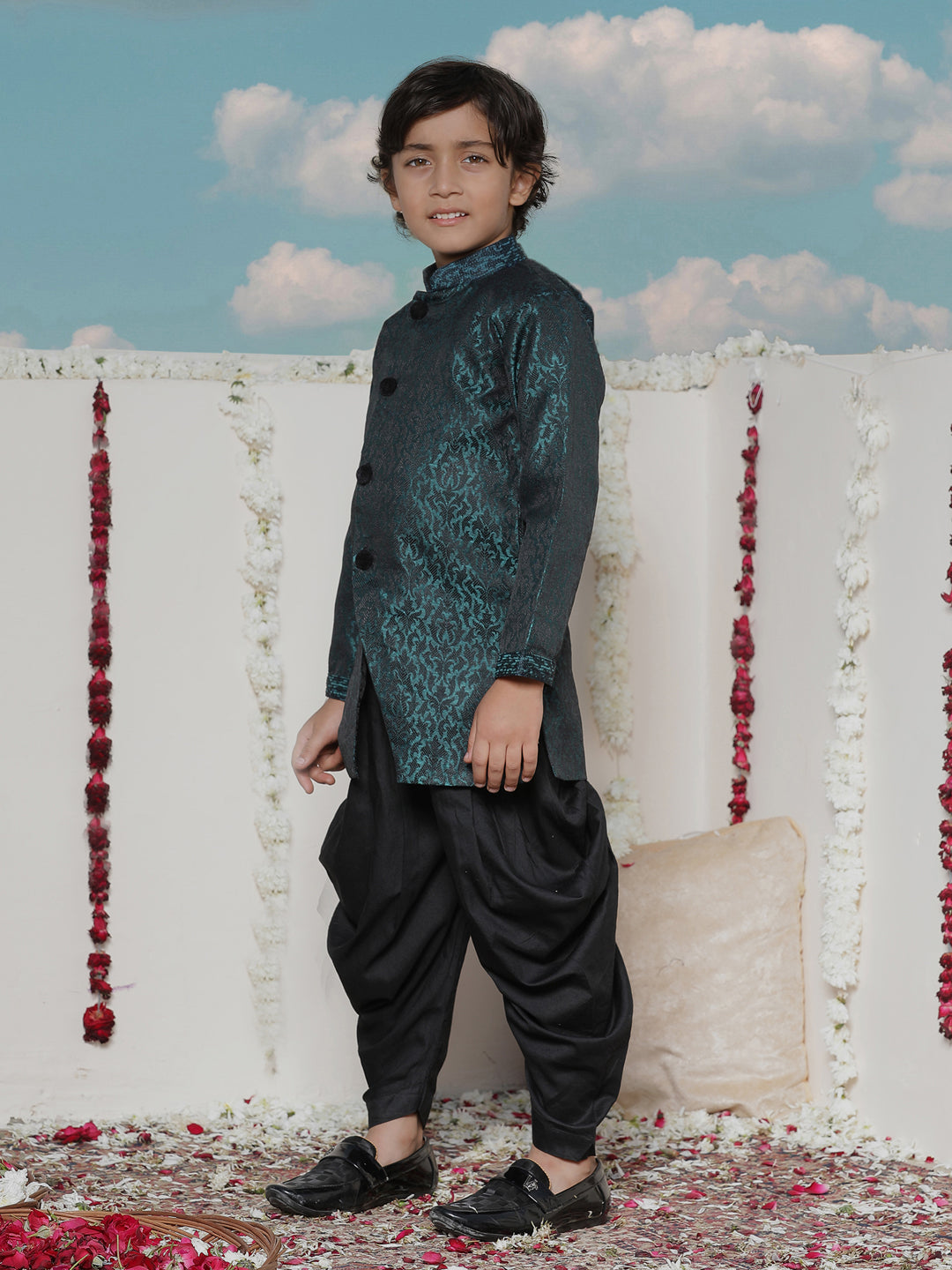 VASTRAMAY Boys' Turquoise Blue  Silk Blend Sherwani - PUSHMYCART