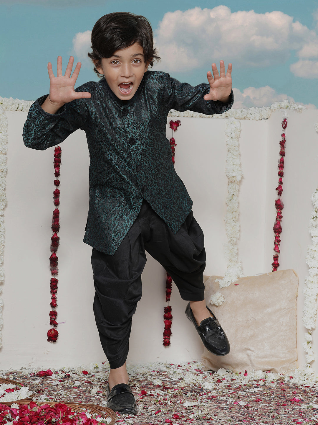 VASTRAMAY Boys' Turquoise Blue  Silk Blend Sherwani - PUSHMYCART