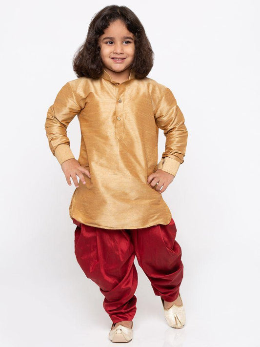 VASTRAMAY Boys' Gold Cotton Silk Kurta and Dhoti Pant Set - PUSHMYCART