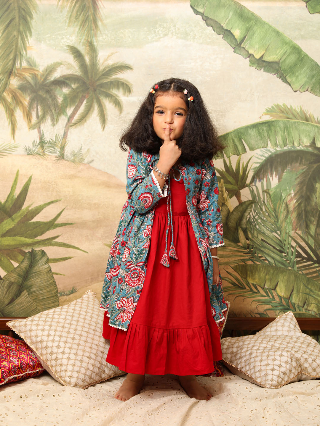 VASTRAMAY Girl's Red And Blue Anarkali Dress - PUSHMYCART