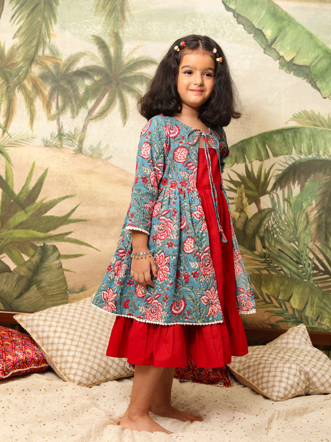 VASTRAMAY Girl's Red And Blue Anarkali Dress - PUSHMYCART