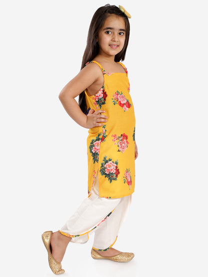 vastramay yellow floral printed cotton silk siblings set