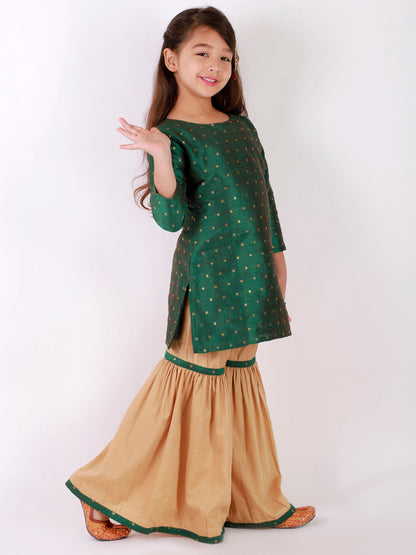 Vastramay Girls' Green Zari Kurta And Rose Gold Sharara Set - PUSHMYCART