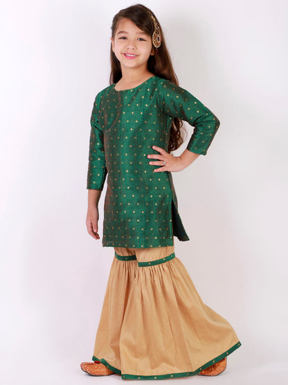 Vastramay Girls' Green Zari Kurta And Rose Gold Sharara Set - PUSHMYCART