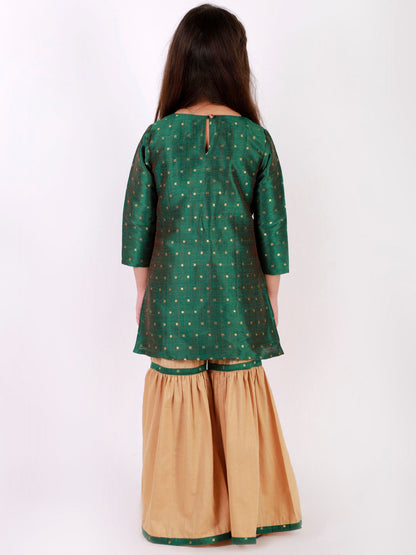 Vastramay Girls' Green Zari Kurta And Rose Gold Sharara Set - PUSHMYCART
